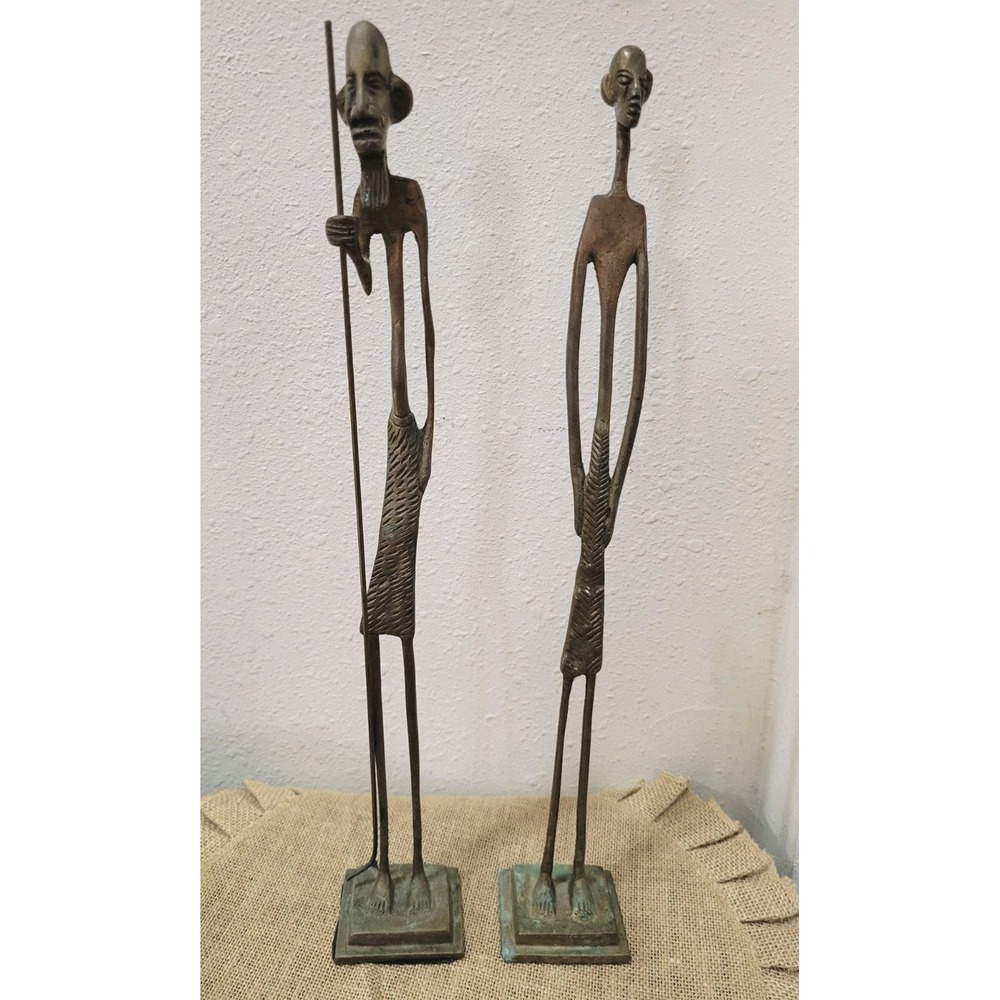 Vintage Brass African Elongated Tribal Men Statue Art Sculpture 18' Tall